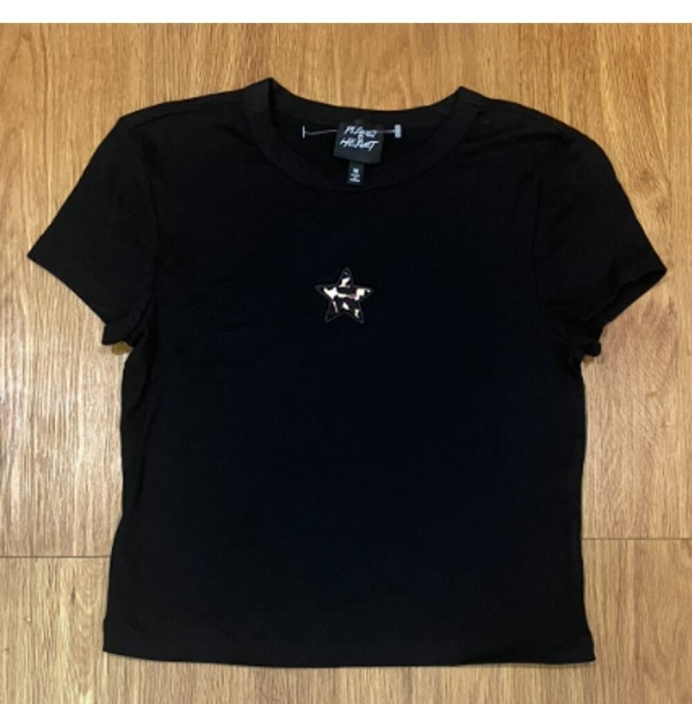 Planet Heart Juniors' Crop Leopard-Star Crewneck Top Black M